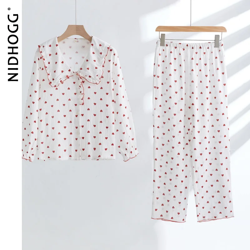 2023 Love Printed Cotton Gauze Women's Pajamas Comfortable Breathable Sweat-absorbent Sleepwear Long Sleeve Trousers Nightwear