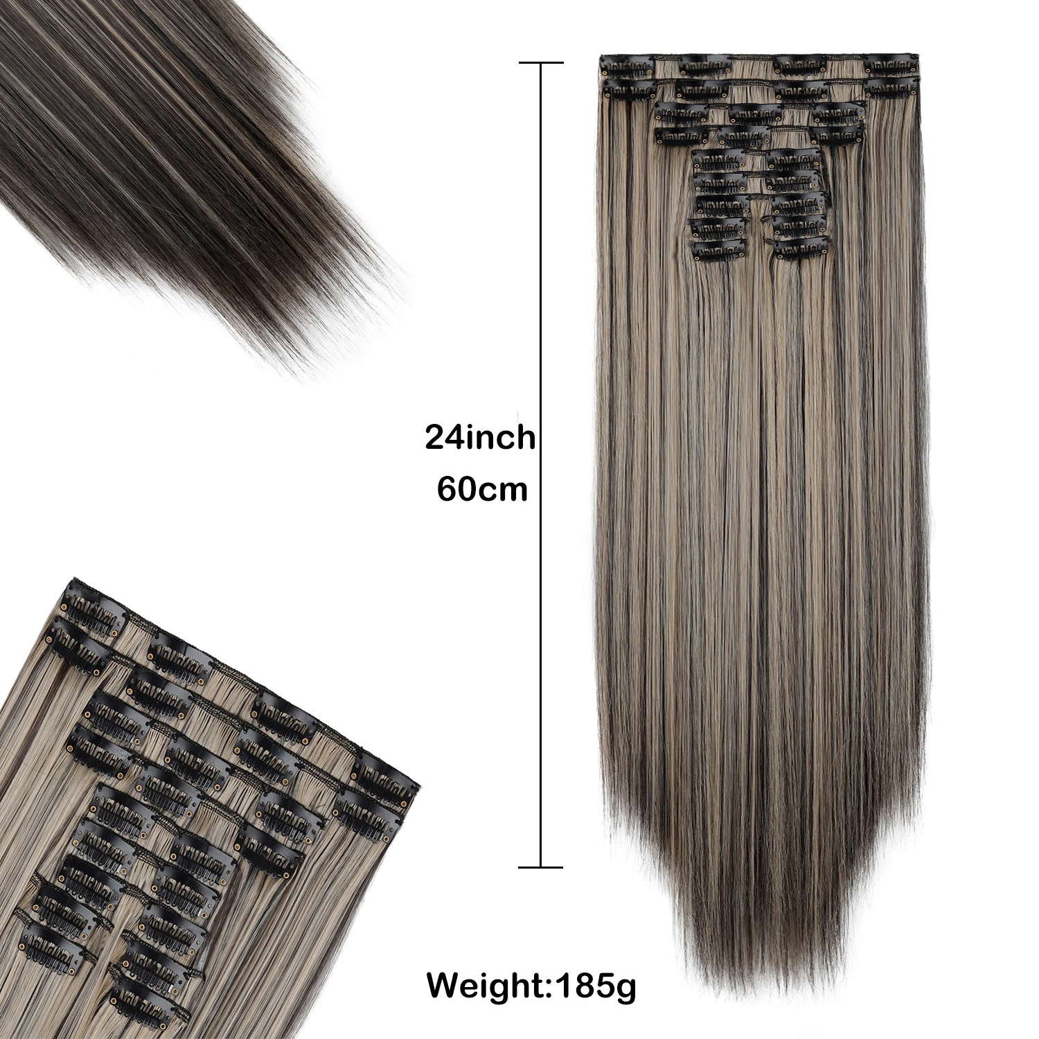 11pcs Clip In Hair Extensions, 24 Inch Long Straight Synthetic Hairpieces, Instant Volume for Full Head Brown Blonde Color