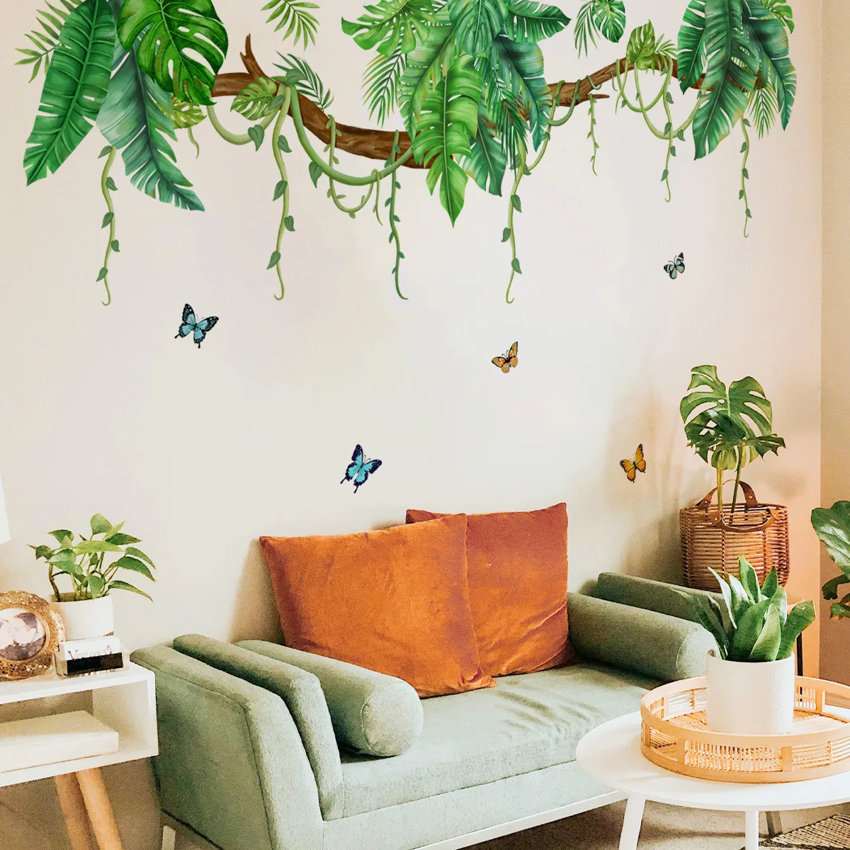 M47 Tropische Blätter Zweig Wandtattoos Hängende Ranken Grünpflanzen Schmetterling Wandaufkleber Wohnzimmer Schlafzimmer Büro Wanddekoration – Detail 6