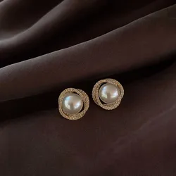 Trending Crystal Round Pearl Stud Earrings Korean Elegant Cheap Earring For Woman Wedding Fashion Jewelry New In 2023
