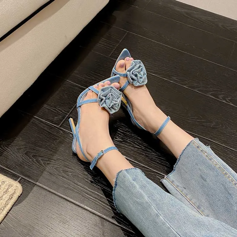 Sexy Narrowband Crystal Rose Flower Thin High Heel Sandals for Women French Pointed Open Toe Ankle Buckle Strap Party Shoe