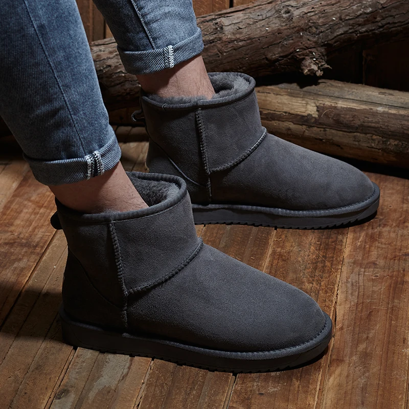 KZZO Size 37-48 Australia Classic Real Sheepskin Suede Leather Men Sheep Wool Fur Lined Winter Short Ankle Snow Boots Grey Shoes