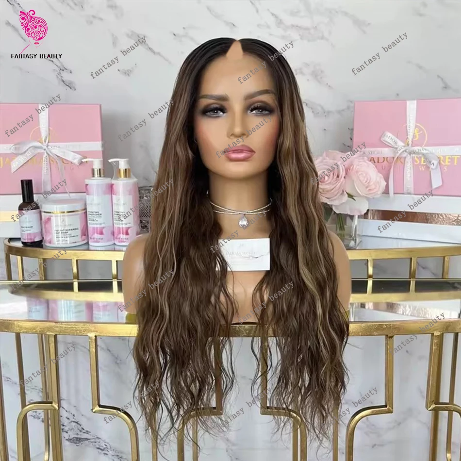 

Hightlight Light Honey Brown Glueless Loose Deep Wave 1x4 U Part Human Hair Wigs 250Density 1x4 Size V Part Wigs for Black Women