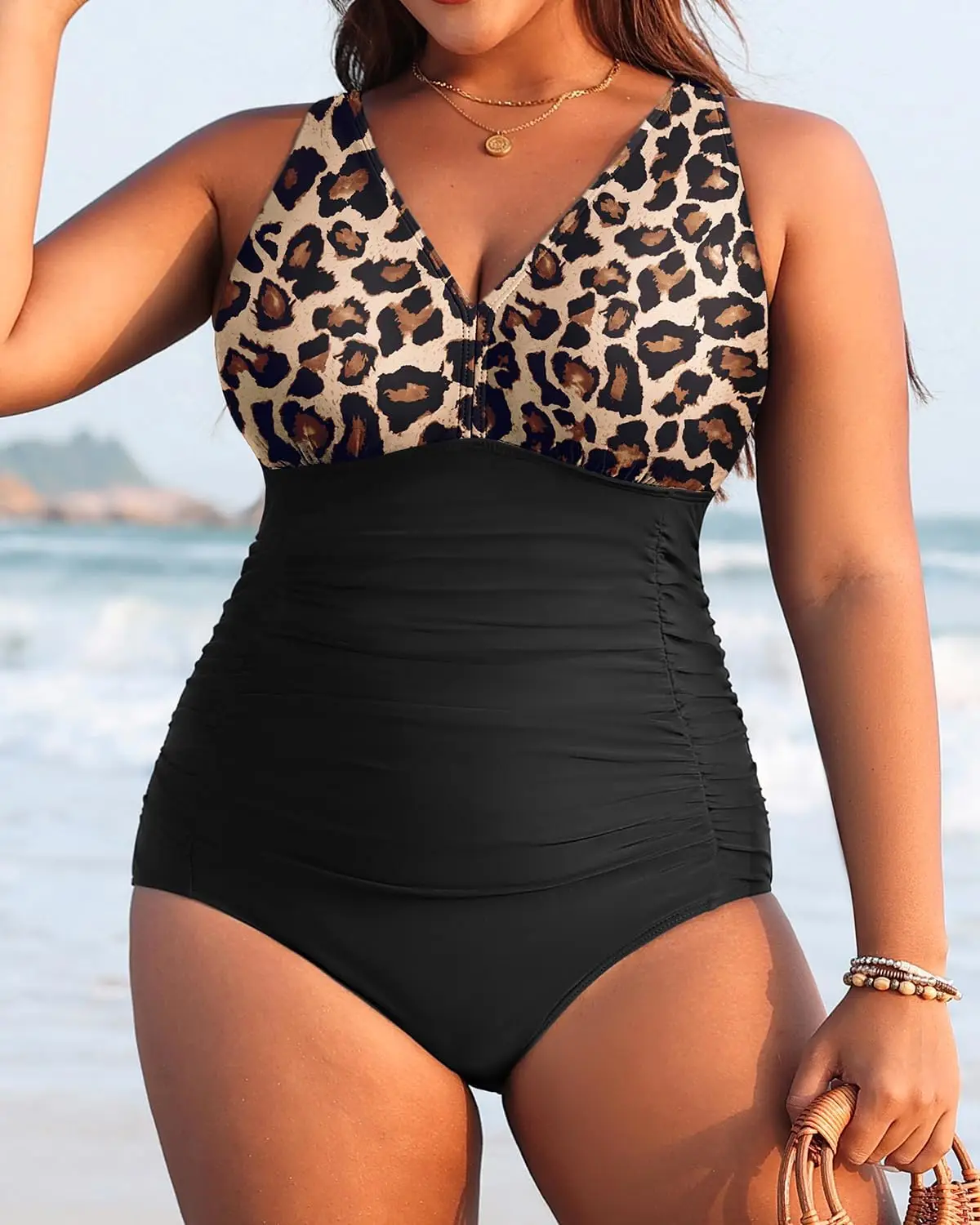 Luxy Trio 여성 플러스 사이즈 원피스 수영복 V 넥 배꼽 컨트롤 수영복 Retro Ruched 수영복