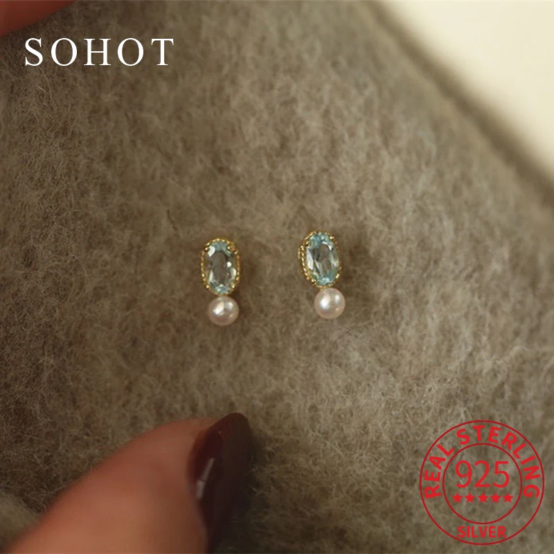 

Real 925 Sterling Silver 14k Gold Pearl Zircon Mini Stud Earrings for Women Minimalist Classic Fine Jewelry Summer Accessories