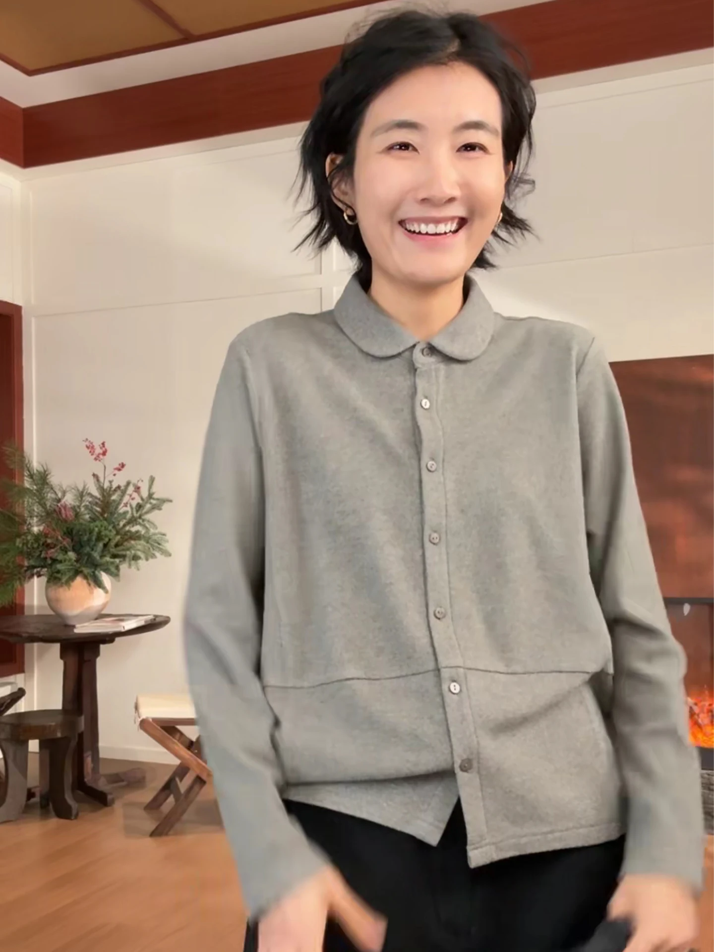 

Langqing ey round Ne Brued Base irt Women's Sle Long Sve Inner Wear Cardigan Spring 2026 Loose Slimming T-irt