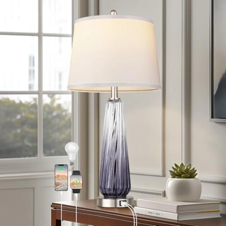 

Glass Table Lamps for Living Room, Modern Bedside Lamps with USB A+C Ports, 3-Way Dimmable Touch Control Nightstand Lamp with W