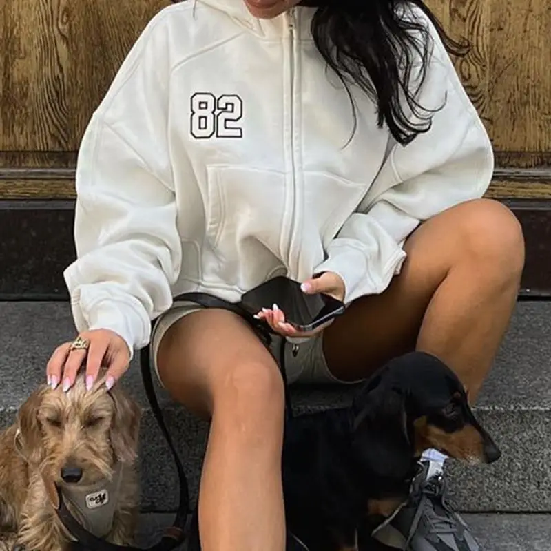 Hoodie Coat Zip Plus Velvet Letter Printing White Hip Hop Graphic Sport Long Sleeve Hoodie Harajuku Women Streetwear Short Coat