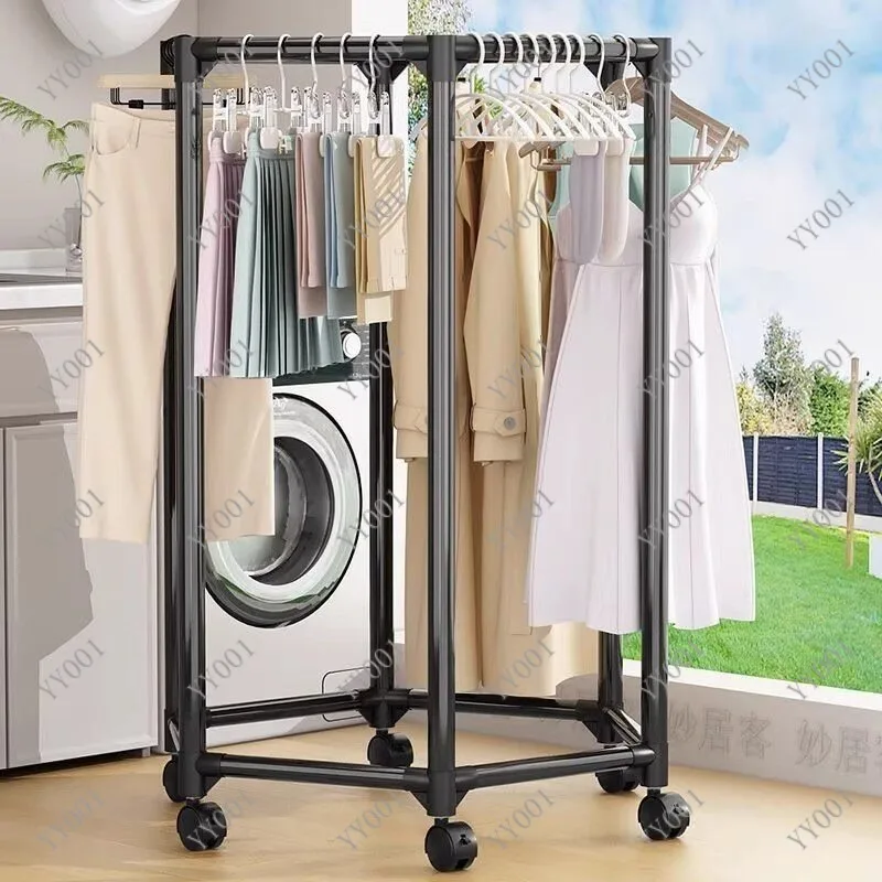 

360° Rotatable Hexagonal Clothes Rack, Mobile Floor Hanger with Universal Wheels for Home Bedroom