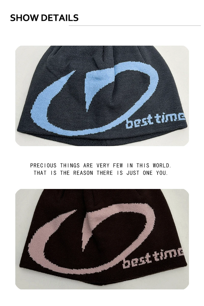 Neue Herren- und Damen-Jacquard-Mützen mit großen runden Buchstaben, warme Retro-Strickmützen, vielseitige Color-Block-Beanies, modische Nischenartikel – Detail 3