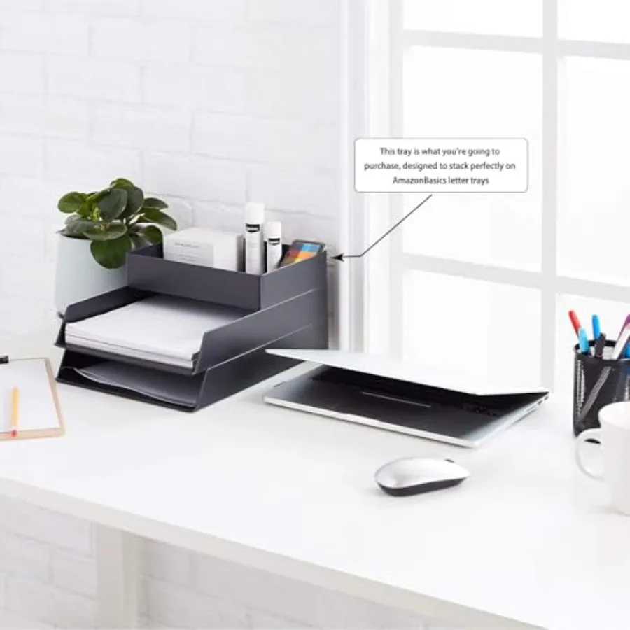 Rectangular Plastic Desk Organizer with Storage Trays, Accessory Tray for Office Supplies and Pen Holder, 9.4 x 6.7 x 2 inch, B