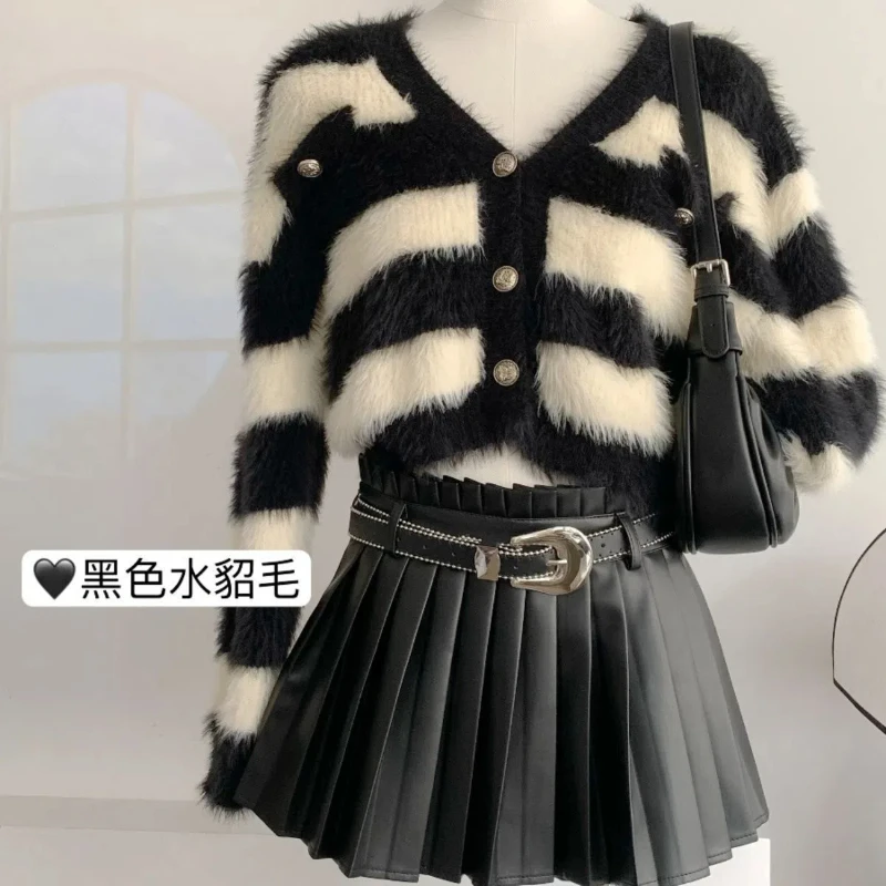 

Classic Striped Faux Mink Fur Knitted Cardigan Women's Short V-neck Sweater Jacket