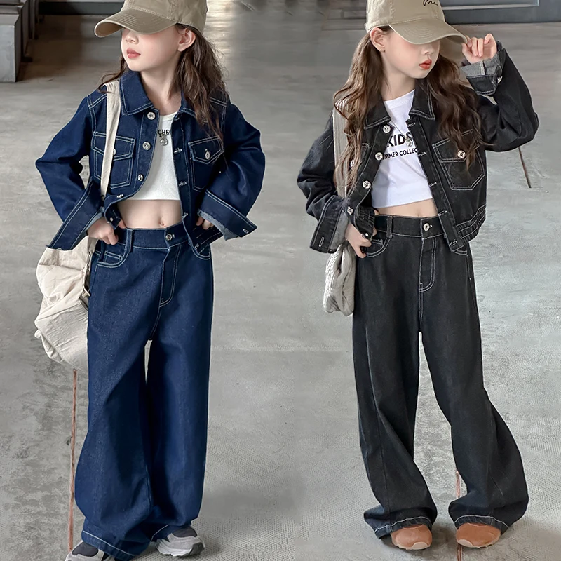 spring Child denim clothes suit jacket+Cowboy wide leg pants 2pcs teen girls clothing sets kid outfits ensemble jeans fille 4-14