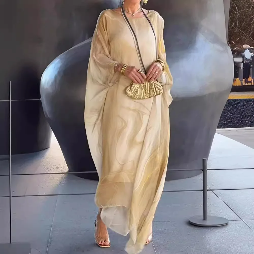 

2025 Spring Summer Robe Femme New Elegant Commuting Chiffon Fashion Printed Marble Texture Long Sleeve Irregular Long Dresses