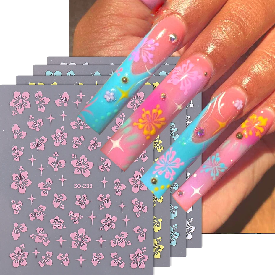 4pcs/set Hibiscus Flowers Nail Sticker Y2K Star Adhesive Nail Art Supplies Decal for Women Nail Supplies DIY Manicure Decoration