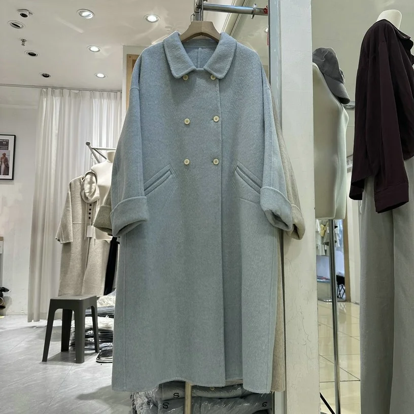 

Double-Breasted Long Double-Sided Woolen Women's Coat Korean Sle Stand Collar Autumn Winter New Arrival Faion Outfit