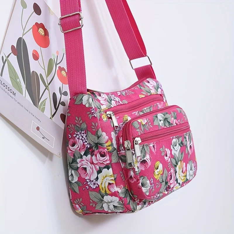 Stilvolle Umhängetasche mit Blumenmuster, lässige Schultertasche mit mehreren Reißverschlüssen und verstellbarem Riemen, für den täglichen Gebrauch im Freien – Detail 9