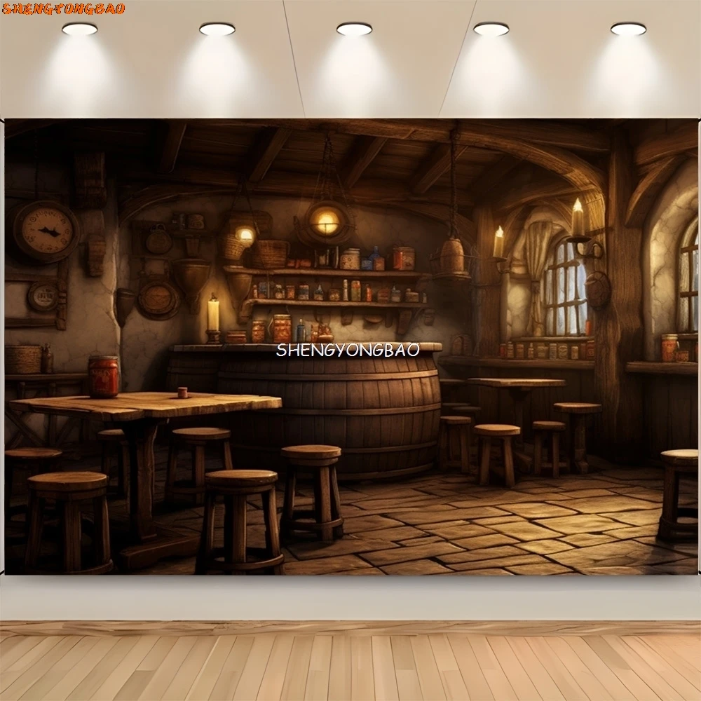 Vintage Old Tavern Barista Coffee Shop Bar Photography Backdrop Warm Medieval Inn Fantasy Retro Photo Studio Background LJG-01