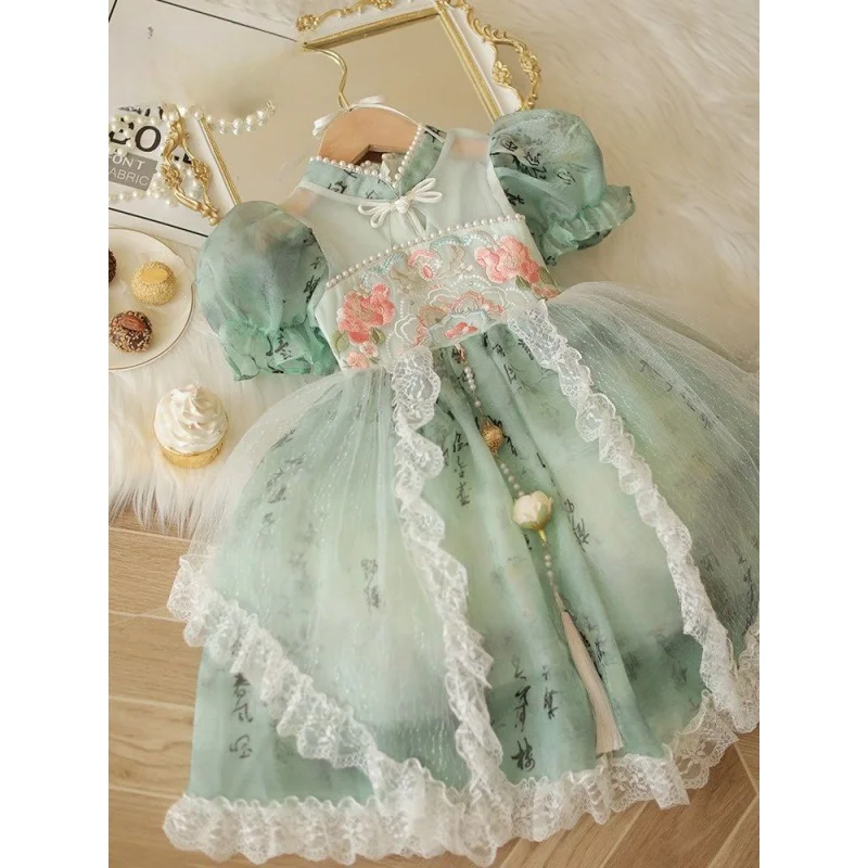 Girls\' New Chinese Cheongsam Dress2024New Summer Dress Western Style Hanfu Children Princess Style Skirt