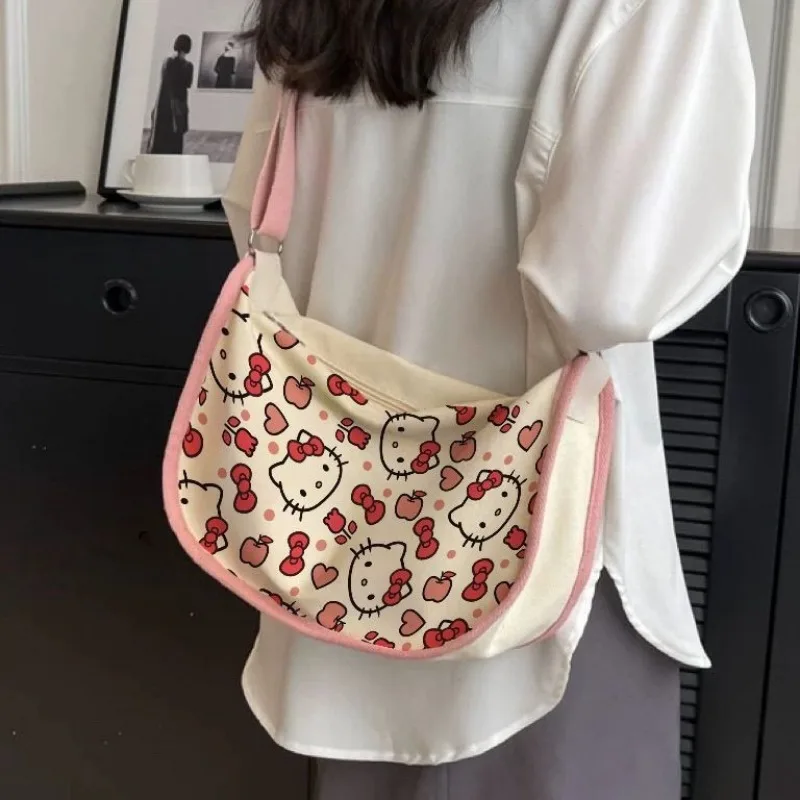 Olá kitty anime kawaii miniso ins moda bolsa de lona bonito dos desenhos animados grande capacidade ombro todos os jogos saco estudante presentes brinquedos