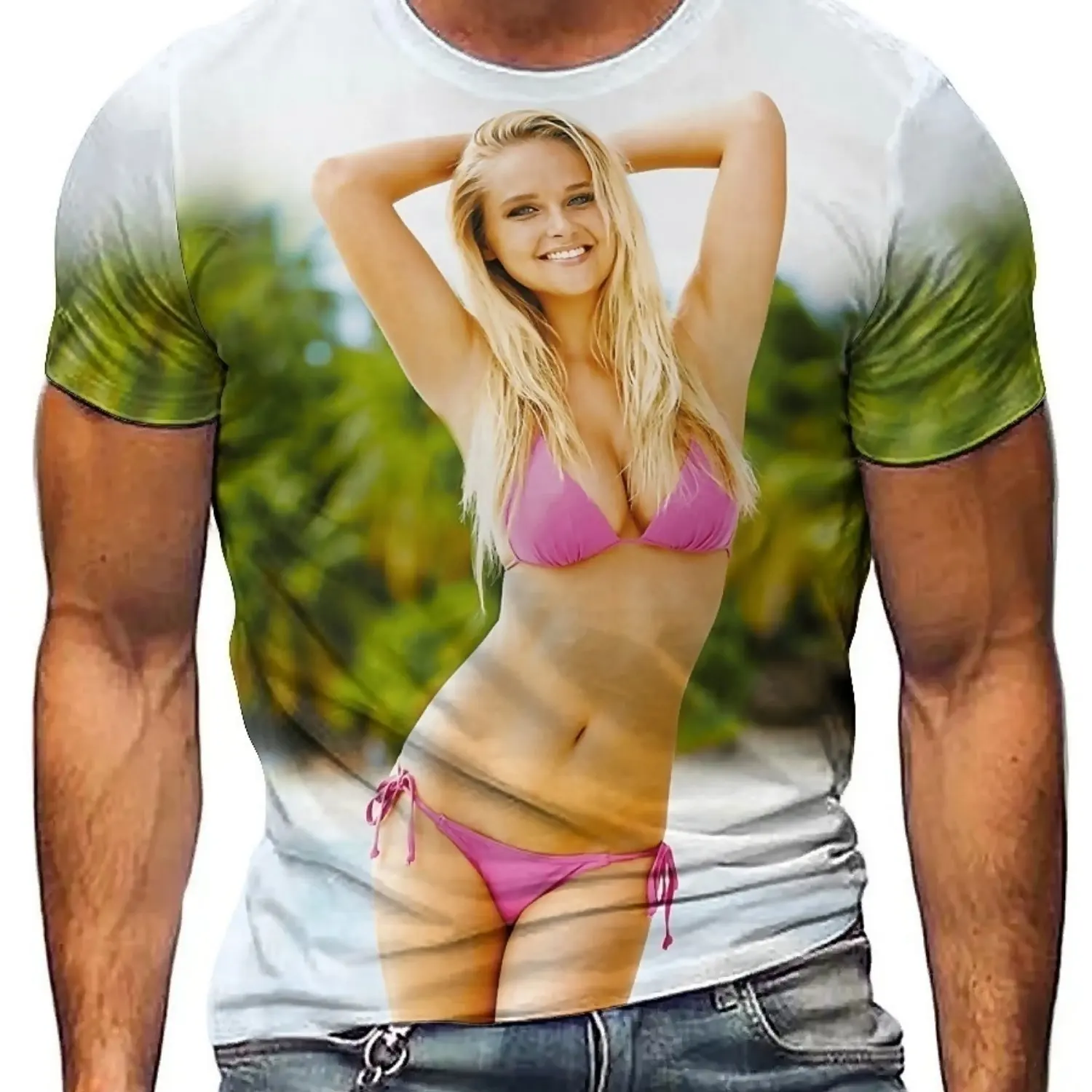 Camiseta masculina com estampa de biquíni 3D – poliéster macio, manga curta, gola redonda, design vibratório de cena de praia, casual e moderno