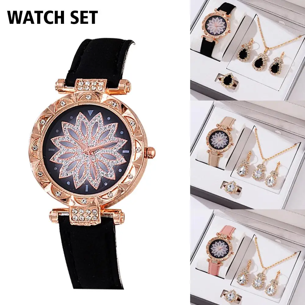 4pcs/Set Rose Gold Luxury Rhinestone Watch For Women Necklace Earring Wristwatch Jewelry Set Casual Bracelet Watches Reloj