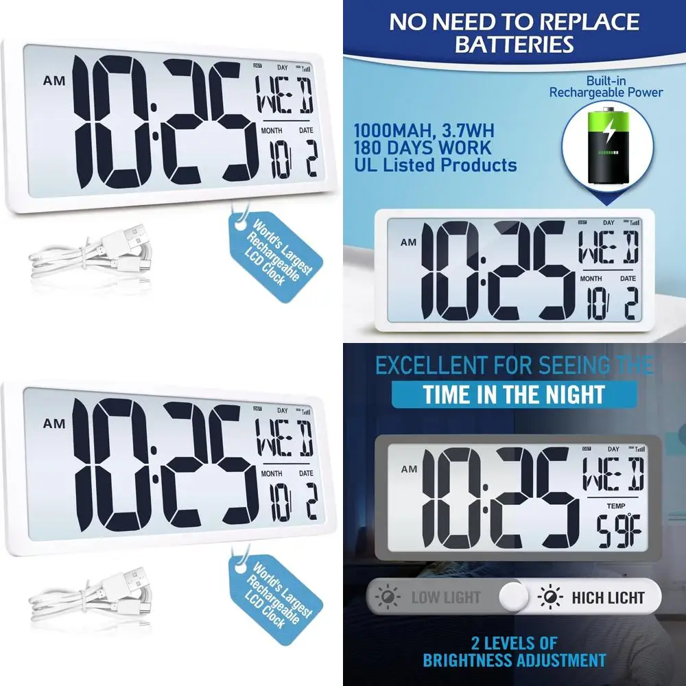 

(6" Numbers) Display Built-in Rechargeable Power 18.44" Atomic Wall Clock -Night Display-Never Needs Setting!-Easy to Read Numbe