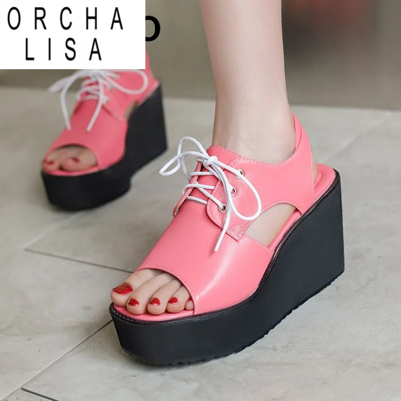

ORCHA LISA 2025 Новый дизайн Женские сандалии на танкетке 9,5 см Платформа Hill 4 см на шнуровке Большой размер 46 47 48 Мягкая повседневная женская обувь Лето