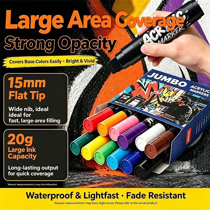 Acrylic Marker Set 12 Colors 15mm Jumbo Tip Wide Head Waterproof Fade Resistant Paint Markers for Wall Graffiti Hand Painting