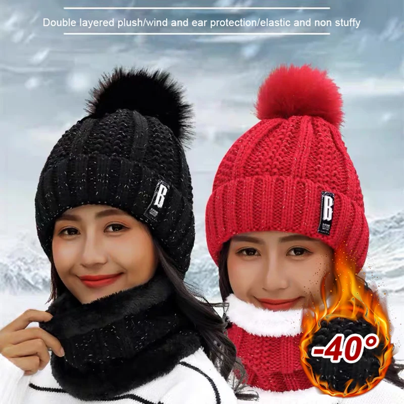 Winter Knitted Scarf Hat Set Thick Warm Skullies Beanies Hats for Women Solid Outdoor Snow Riding Ski Bonnet Caps Girl