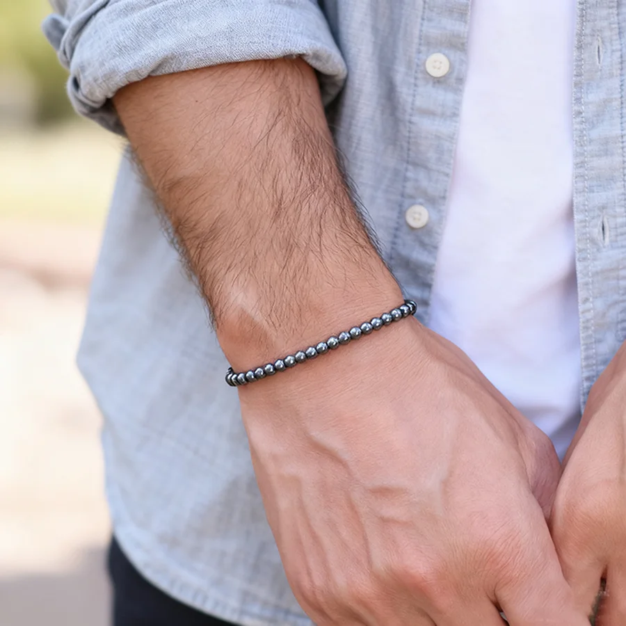 Bracelet minimaliste en pierre d'hématite naturelle pour hommes, 4/6/8/10/12mm, Bracelet de guérison de méditation, brin rond noir, Bracelet Pulseria