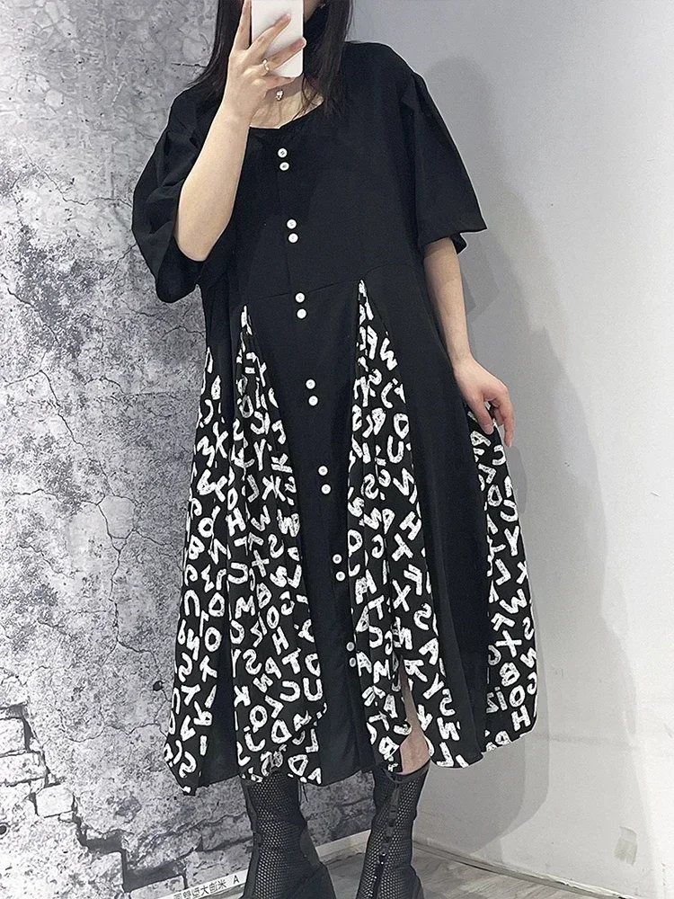 XITAO Loose Casual T-shirt Dress Contrast Color Letter Print Splicing Hem 2025 Summer New Simplicity O-neck Women GJ0007