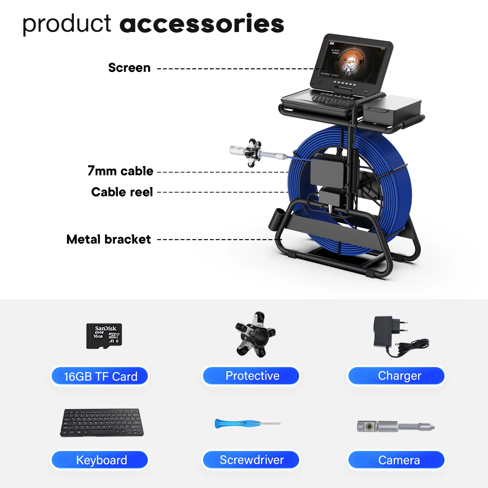 Sewer Camera 360 Degrees 50/80/100M Self-Leveling 7mm 512HZ Locator 10 Inch IPS 1080P Screen Cable Night Vision Ip68