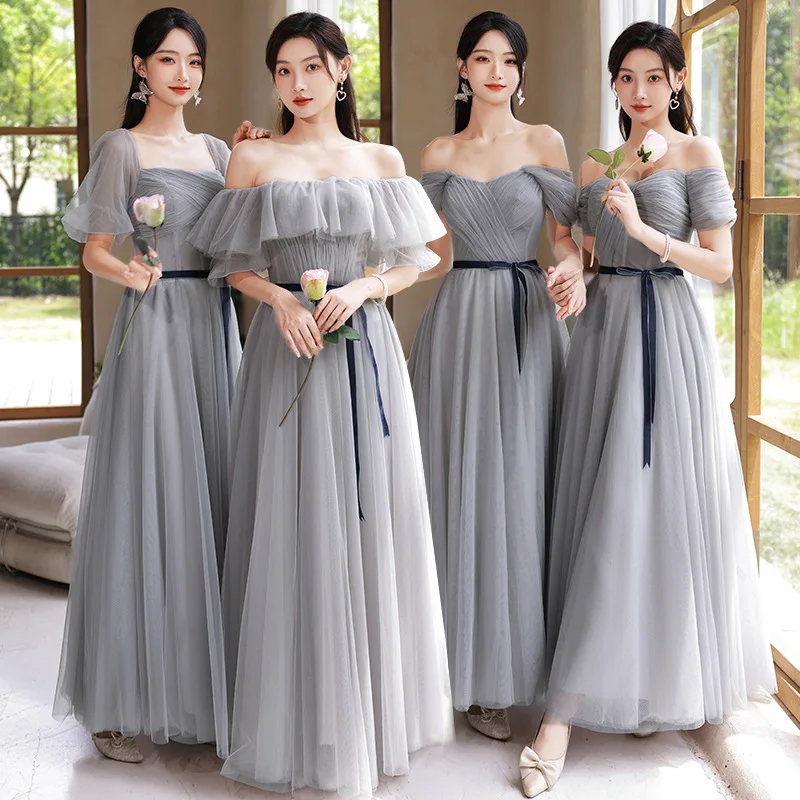 Grey Simple Bridesmaid Dress With Lace Up 4 Styles Elegant Off The Shoulder Tulle A-line Wedding Party Evening Dresses Vestidos