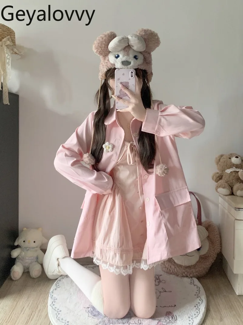 

Sweet Girls Pink Loose Versatile Mid-Length Long Sleeve Shirt Cute Women's Spring and Autumn Single-Breasted Jacket Top