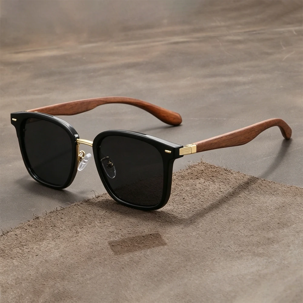 Retro-Sonnenbrille mit quadratischen Gläsern und künstlicher Holzmaserung für Herren und Damen, polarisierte UV400-Sonnenbrille, schwarz-goldener Rahmen