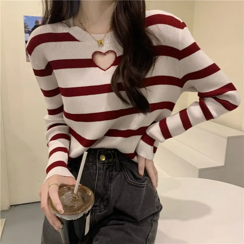 Autumn New Love Hollow Out Striped Sweaters Long Sleeve O-Neck Slim Knitting Pullovers Tops Sweet Korean Fashion Women Clothing