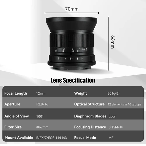 Imagen 2 del producto 7artisans 12mm F2.8 II APS-C Lente Prime Ultra Gran Angular de Enfoque Manual para Montura Sony E Alpha 6700 ZV-E10 Fuji XF X-T50 X-T30 III