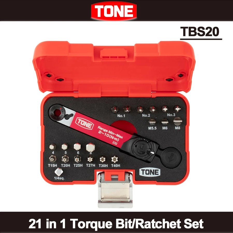 

TONE 21 in 1 Torque Bit/Ratchet Set with Bit Insertion (2-10N) Torque Screwdriver Set Made in Japan TBS20