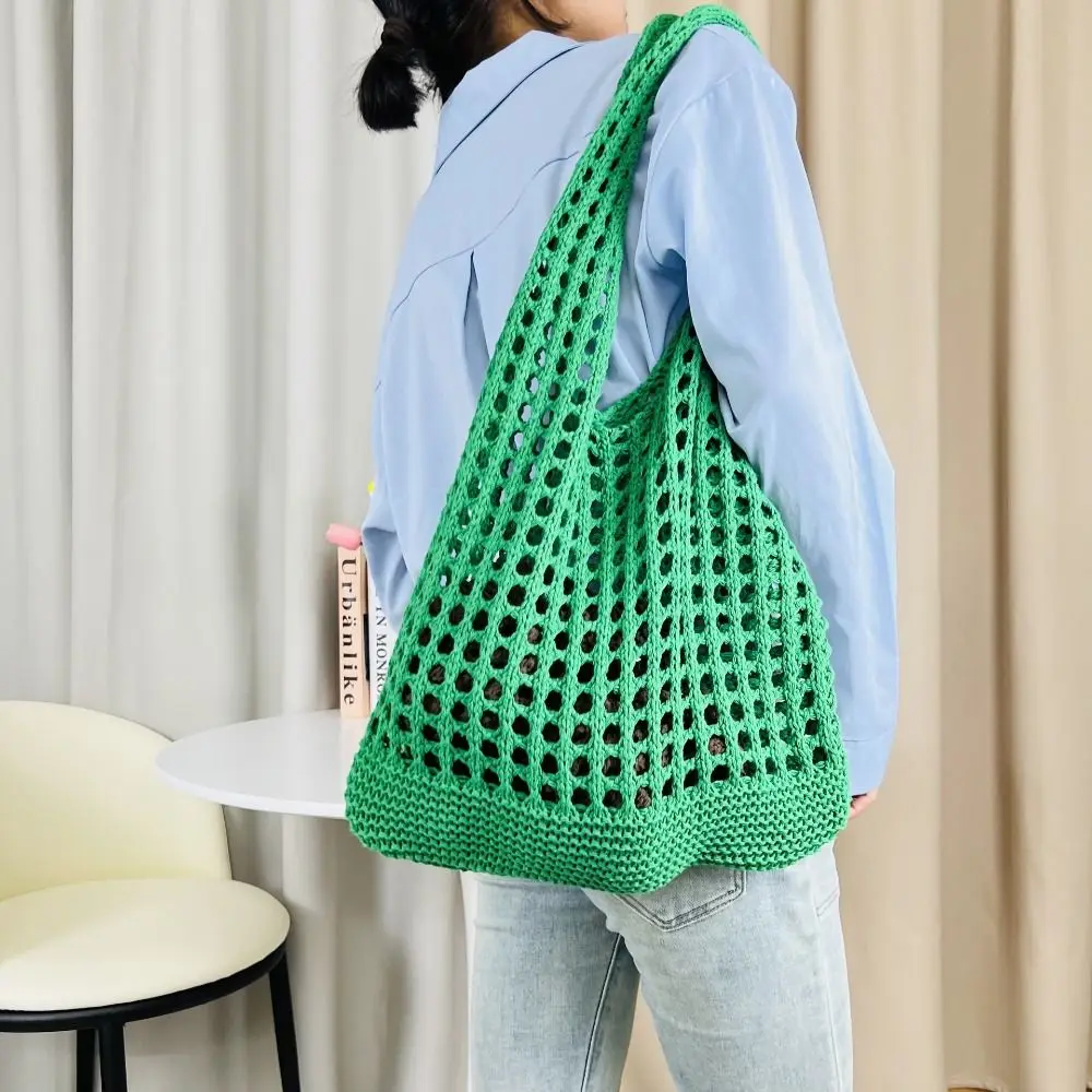 

Solid Color Knitting Shoulder Bag Large Capacity Versatile Bohemian Crochet Tote Bag Hollow Out Casual Woven Handbag Beach