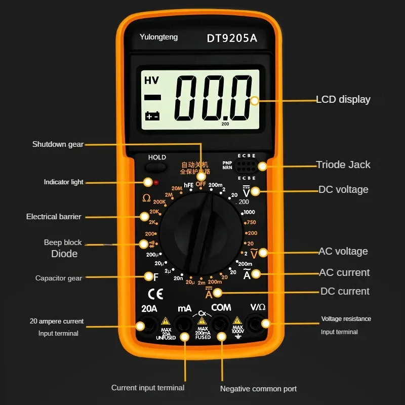 DT9205A Digital Multimeter AC DC Transistor Tester Electrical NCV Test Meter Profesional Analog Auto Range Multimeter