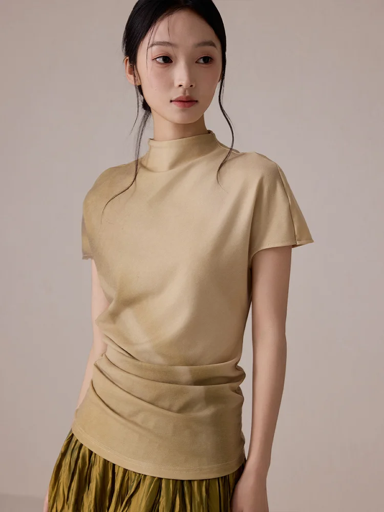 

ONMOON Summer Irregular adient ort Sve T-irt f High Collar Pleated Design Base Layer Top Women's Faion