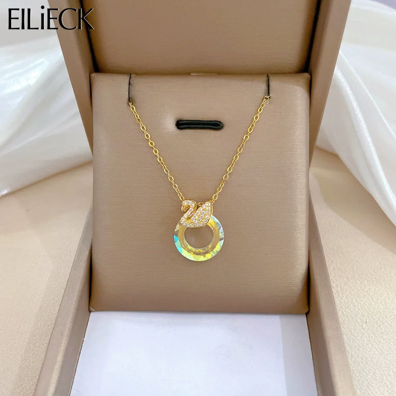 EILIECK 316L Stainless Steel Shine Cubic Zirconia Swan Pendant Necklace Gold Color Texture Metal Personalized Jewelry Neck Chain