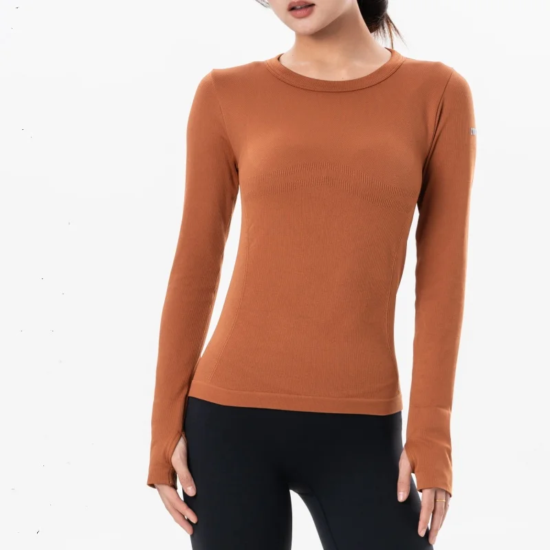 

Осень-зима, бесшовная женская эластичная однотонная футболка с круглым воротником и длинными рукавами для йоги, уличная спортивная одежда для бега, фитнеса, спортзала