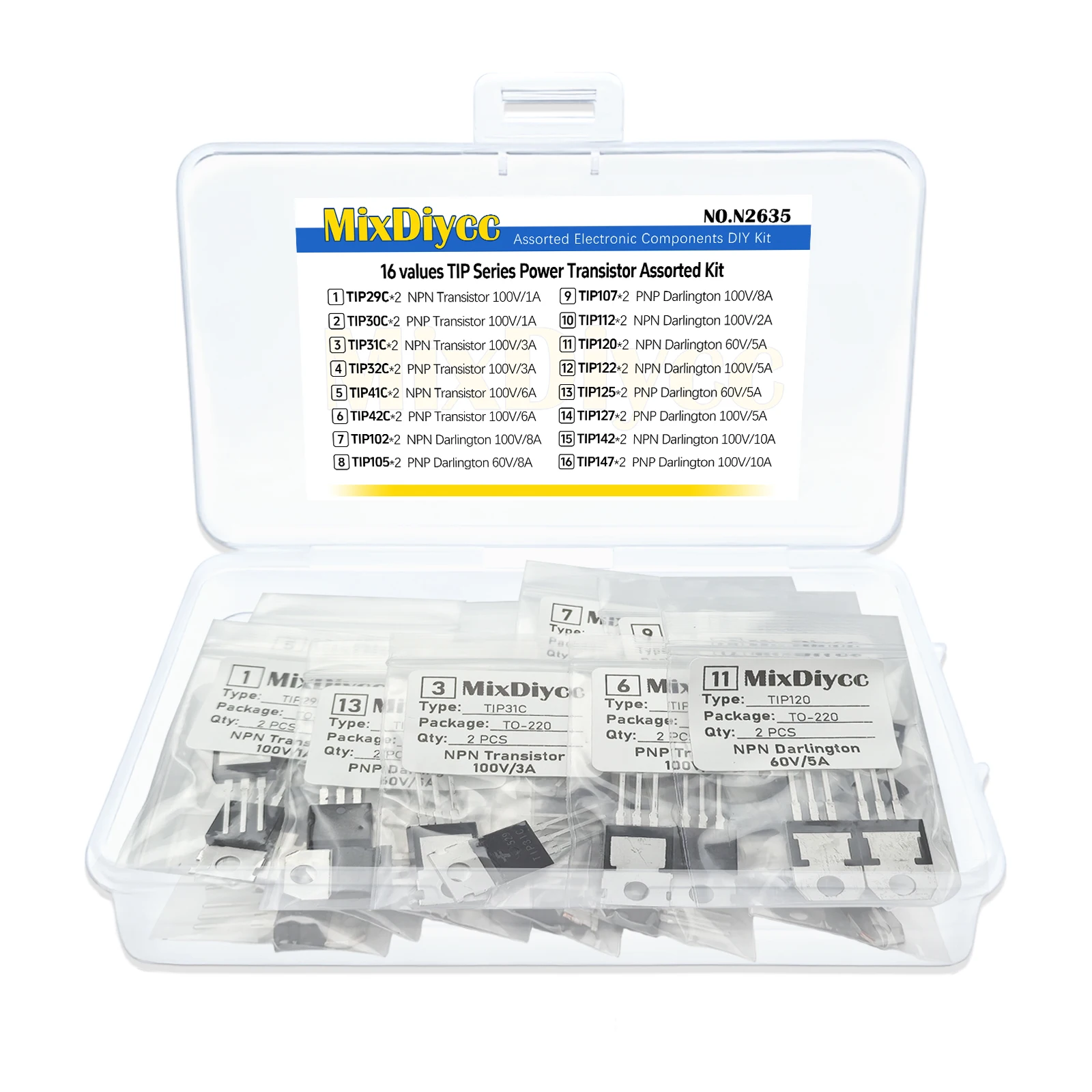 16 Values TIP TO-220 Power Transistor Kit 29C/30C/31C/32C/41C/42C/102/105/107/112/120/122/125/127/142T/147T  Total 32 Pcs