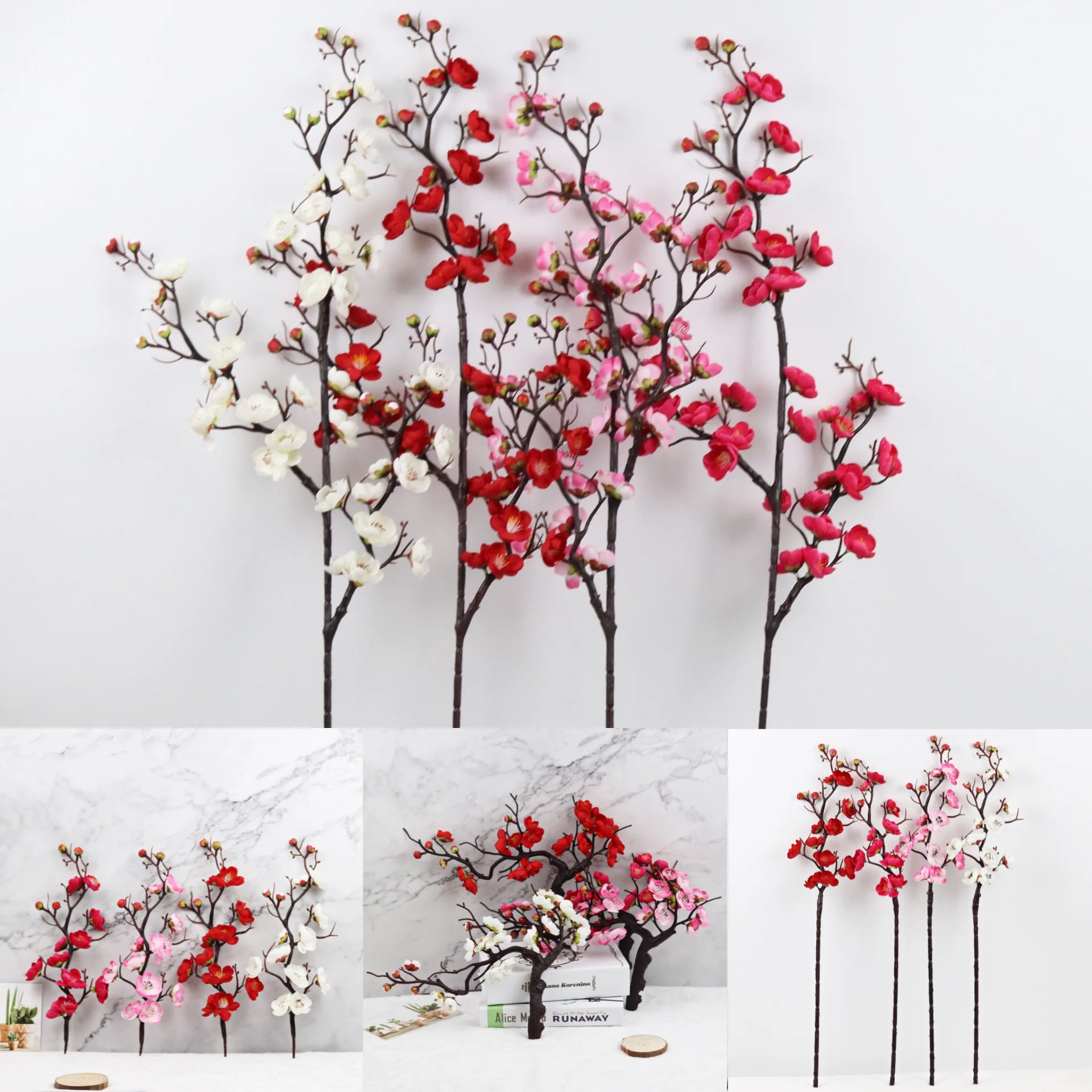 Artificial Red Plum Blossom Bouquet Peach Blossom Branches Plastic Fake Flowers Indoor Home Decorative Flowers