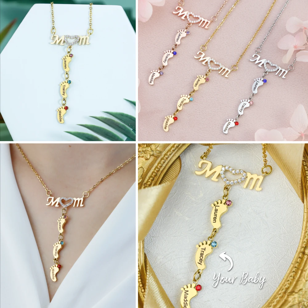 Personal isierte Namen Mutter Halskette Baby Füße Anhänger Halskette Edelstahl Halskette Schmuck Geschenk Muttertag Geschenk – Detail 3