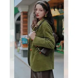 Lnsozkdg autunno inverno abito da donna in velluto a coste verde top temperamento stile freddo High-end Sense Retro elegante giacca Blazer