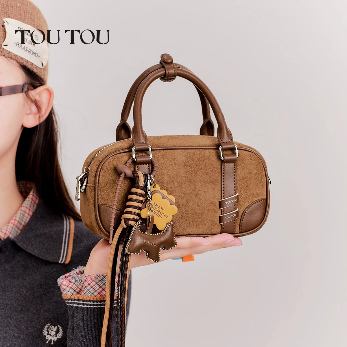 

TOUTOU Suede-stitched Boston Bowling Bag Brown Large-capacity Handbag Original Designer Messenger Bag for Women Teacher Gift
