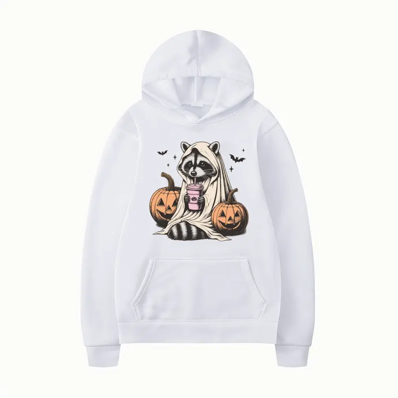 

Halloween Sweatshirt Male Cute Raccoon Ghost Print Hoodies Men Retro Spooky Season Gift Pumpkin Fall Fleece Pullover Streetwear